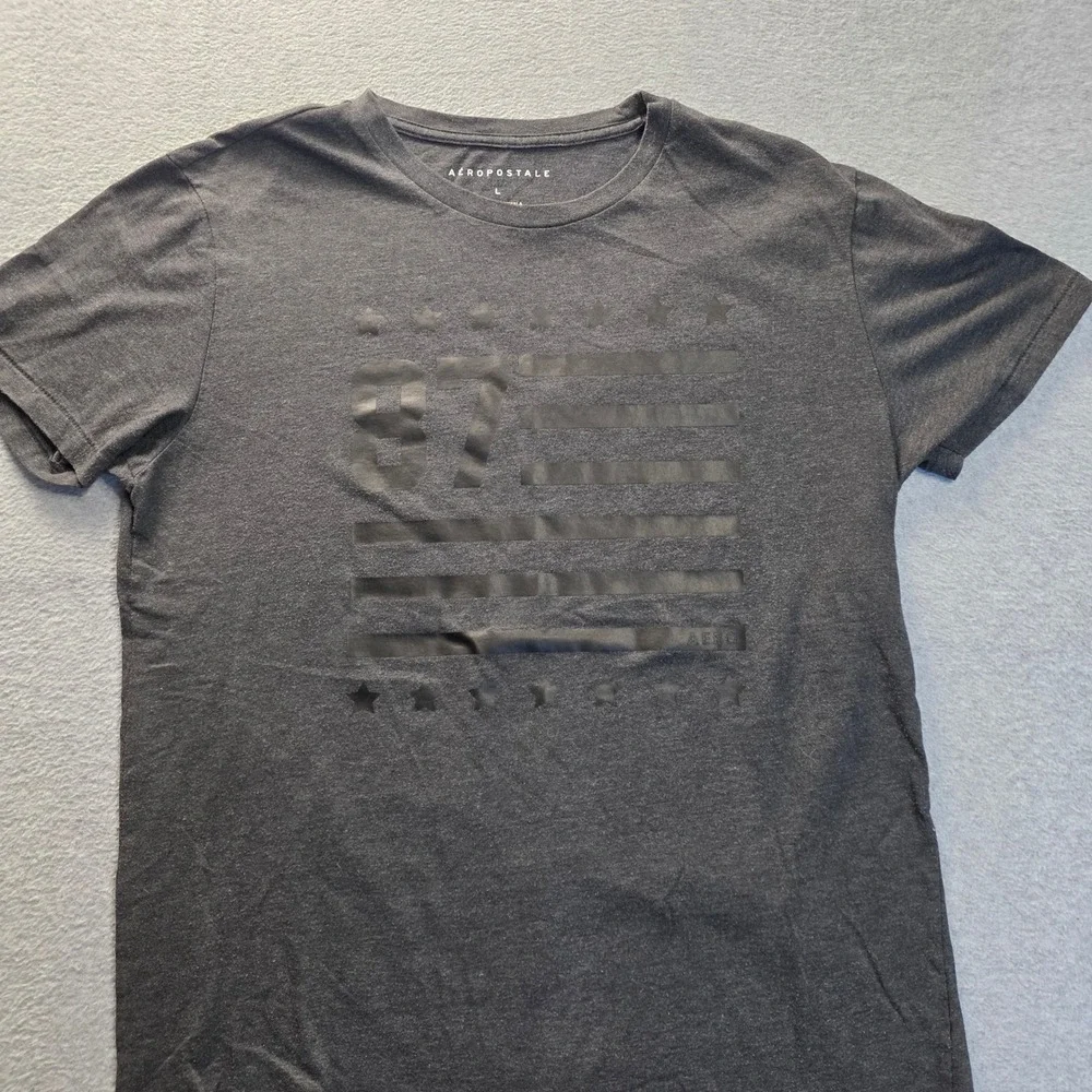 Aeropostale Mens Large Gray 87 Flag Stars Stripes Graphic‎ T-Shirt Short Sleeve